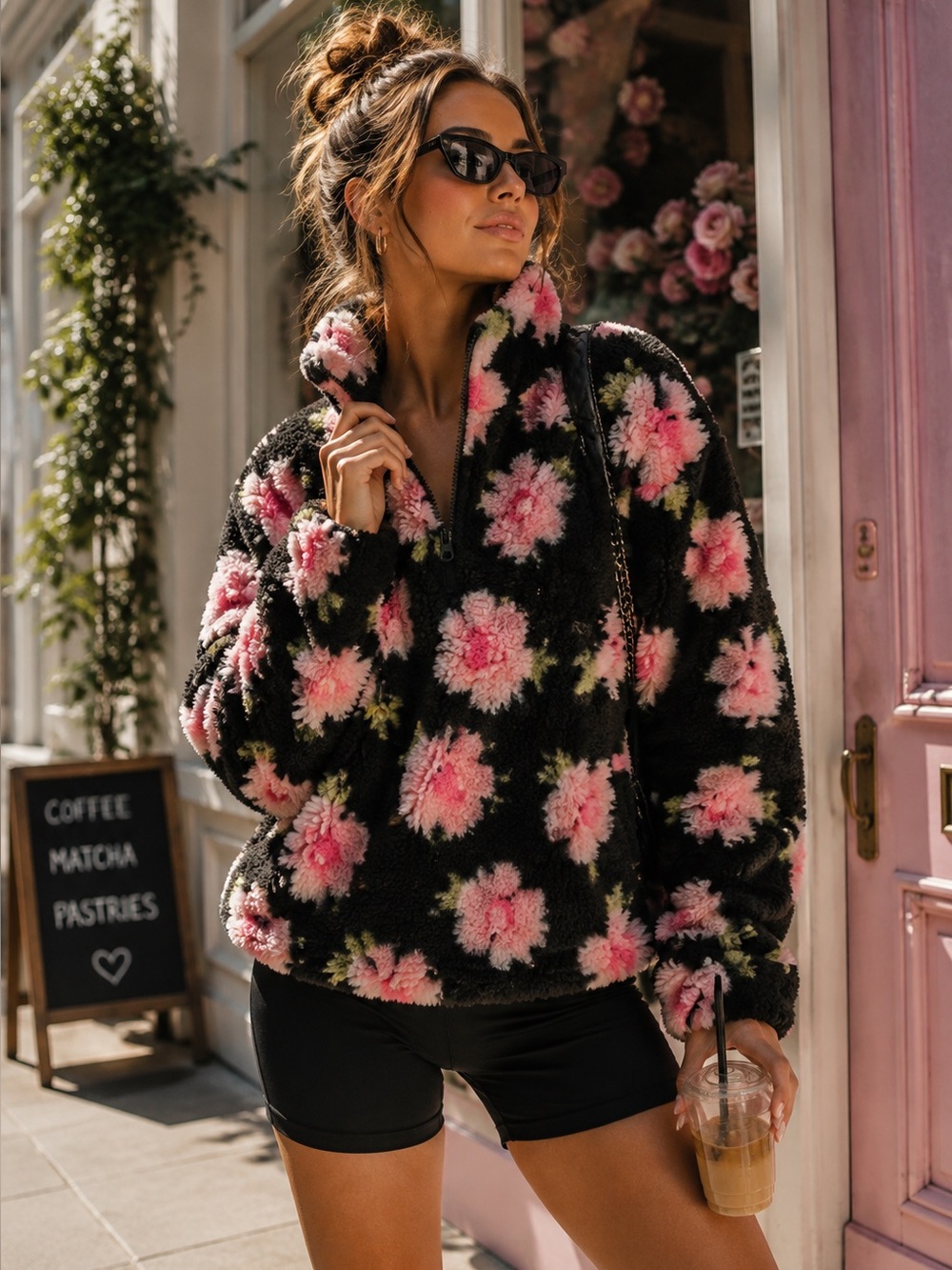 SANDY LIANG X TARGET Plush Cozy Black and Pink Boucle Quarter Zip Pullover, XS